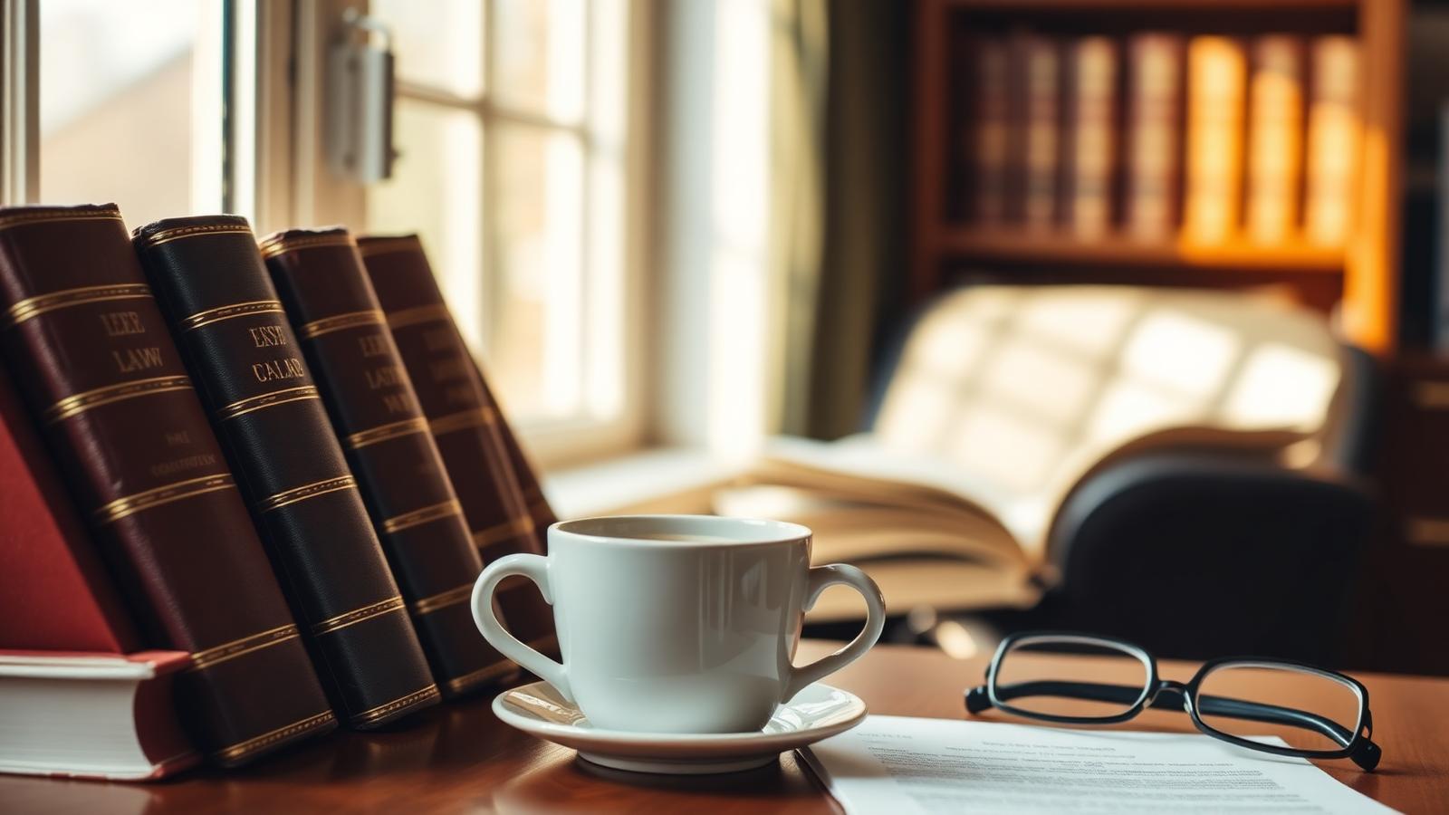 Leather-bound legal books, coffee, and reading glasses on a sunlit attorney's desk