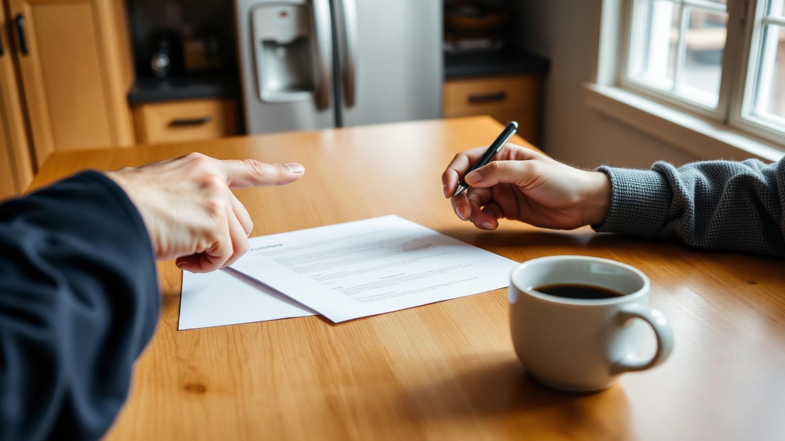 Two hands across a kitchen table reviewing a document together with coffee