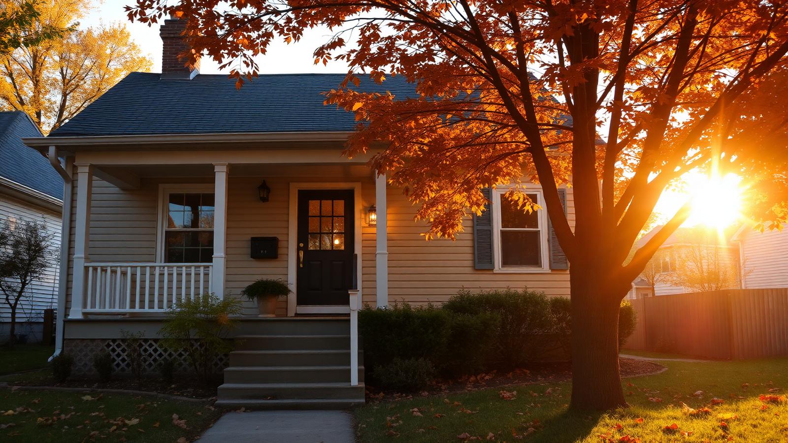 A modest Michigan family home at golden hour with autumn maple leaves