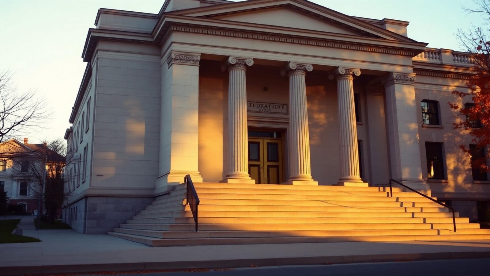 A federal courthouse exterior with limestone columns at golden hour