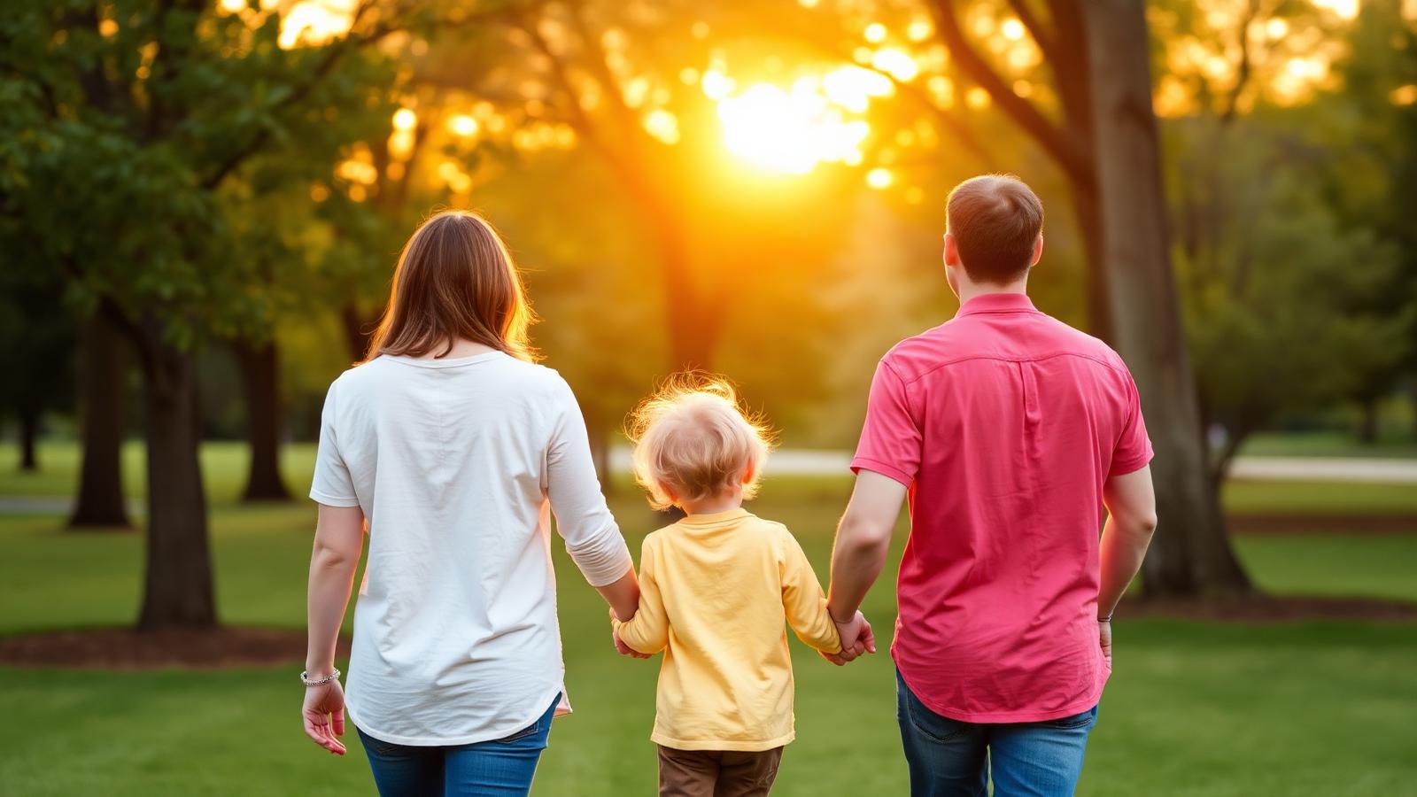 A young family walking together at sunset in a Michigan park, viewed from behind