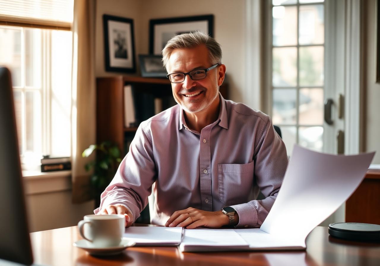 Robert Keyes at his Ypsilanti law office desk, ready to take a client call